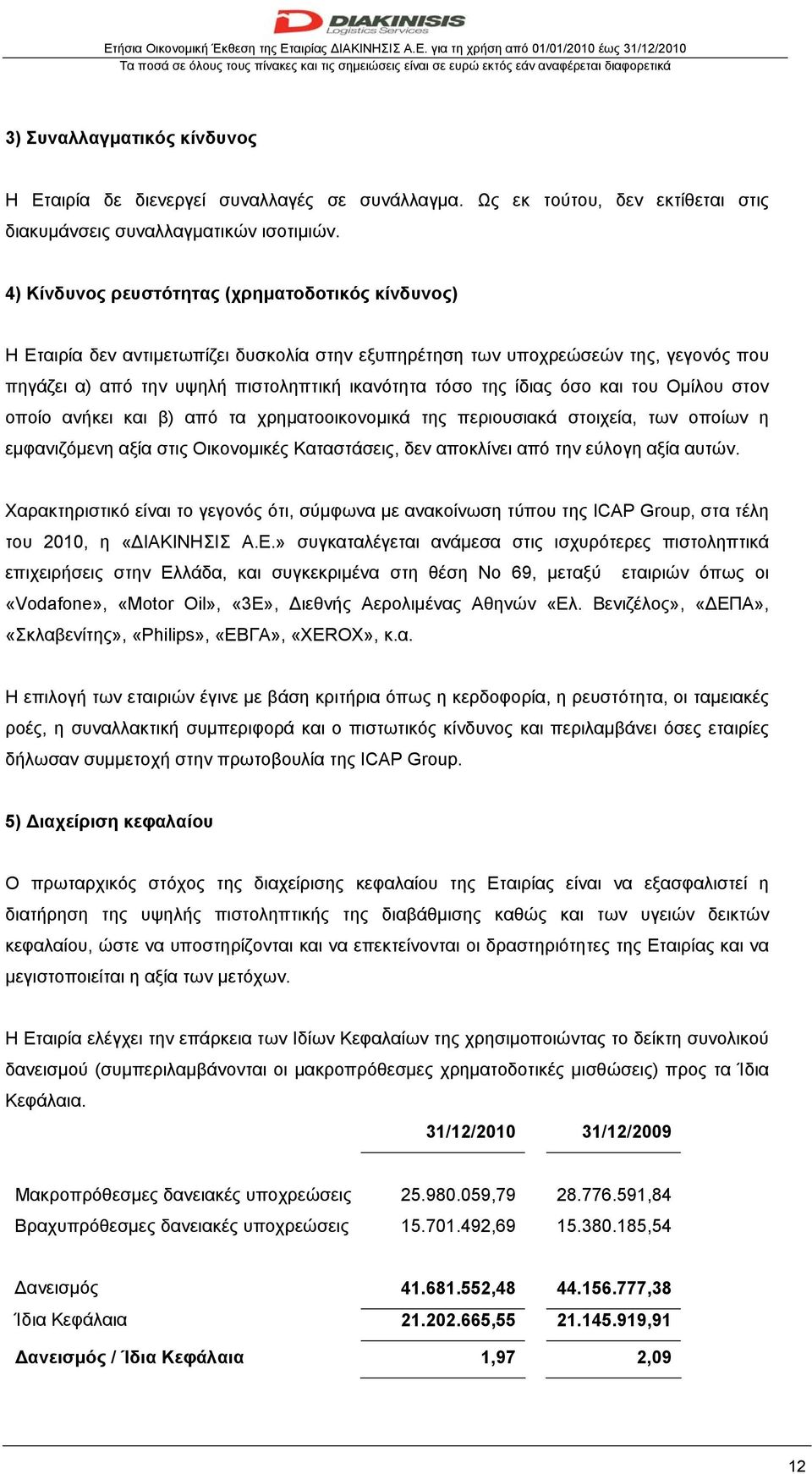 4) Κίνδυνος ρευστότητας (χρηματοδοτικός κίνδυνος) Η Εταιρία δεν αντιμετωπίζει δυσκολία στην εξυπηρέτηση των υποχρεώσεών της, γεγονός που πηγάζει α) από την υψηλή πιστοληπτική ικανότητα τόσο της ίδιας