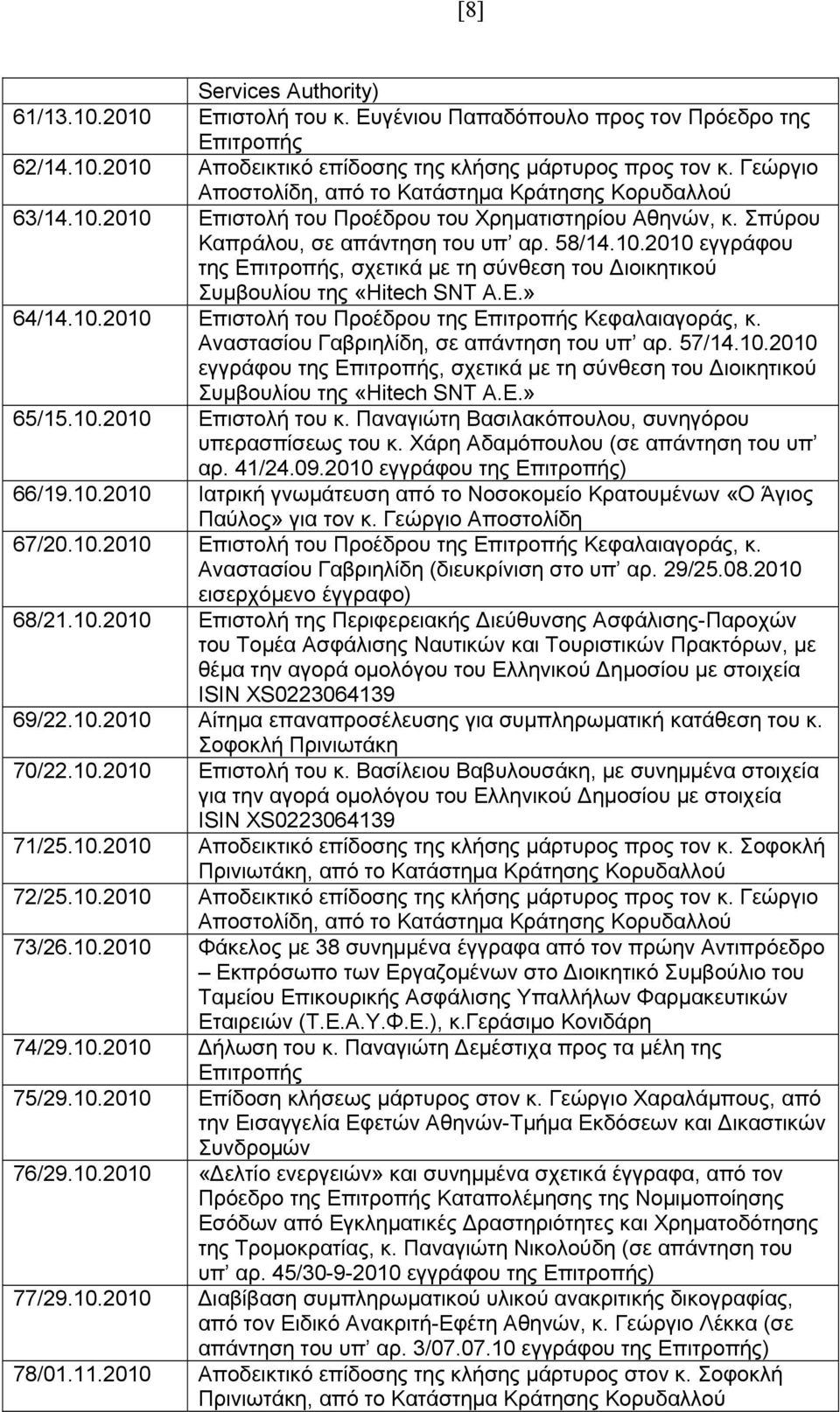 Ε.» 64/14.10.2010 Επιστολή του Προέδρου της Επιτροπής Κεφαλαιαγοράς, κ. Αναστασίου Γαβριηλίδη, σε απάντηση του υπ αρ. 57/14.10.2010 εγγράφου της Επιτροπής, σχετικά με τη σύνθεση του Διοικητικού Συμβουλίου της «Hitech SNT Α.