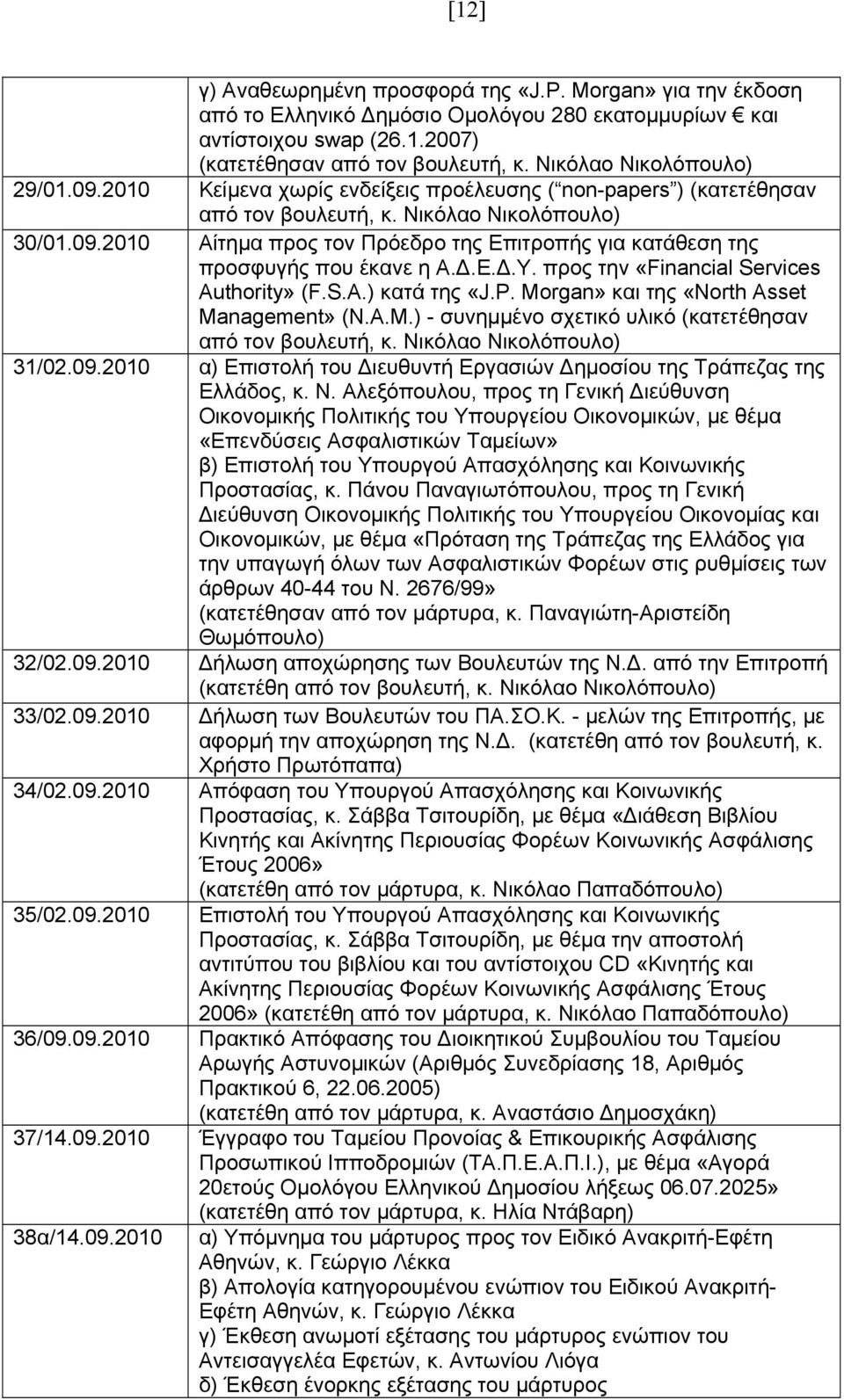 Δ.Ε.Δ.Υ. προς την «Financial Services Authority» (F.S.A.) κατά της «J.P. Morgan» και της «North Asset Management» (N.A.M.) - συνημμένο σχετικό υλικό (κατετέθησαν από τον βουλευτή, κ.