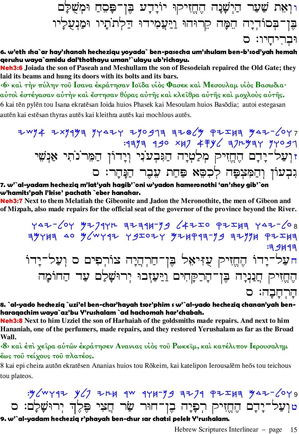 Neh3:6 Joiada the son of Paseah and Meshullam the son of Besodeiah repaired the Old Gate; they laid its beams and hung its doors with its bolts and its bars.