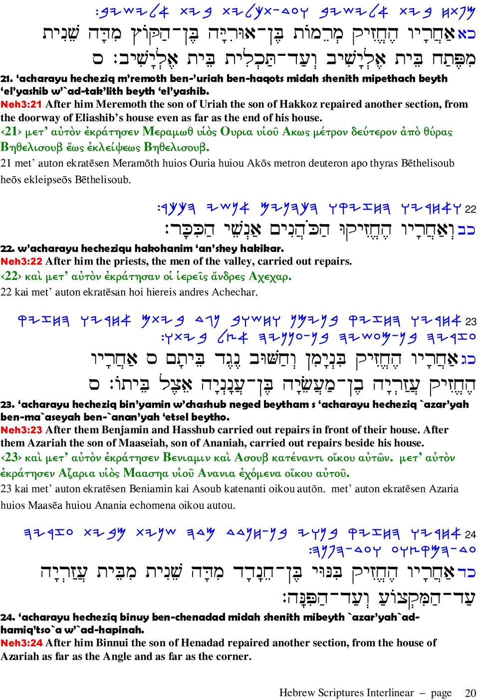 Neh3:21 After him Meremoth the son of Uriah the son of Hakkoz repaired another section, from the doorway of Eliashib s house even as far as the end of his house.