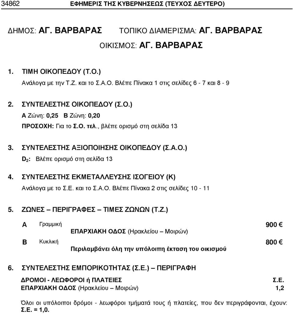 Βλέπε Πίνακα 2 στις σελίδες 10-11 Γραμμική ΕΠΡΧΙΚΗ ΟΔΟΣ (Ηρακλείου Μοιρών) 900 B Kυκλική Περιλαμβάνει όλη την υπόλοιπη