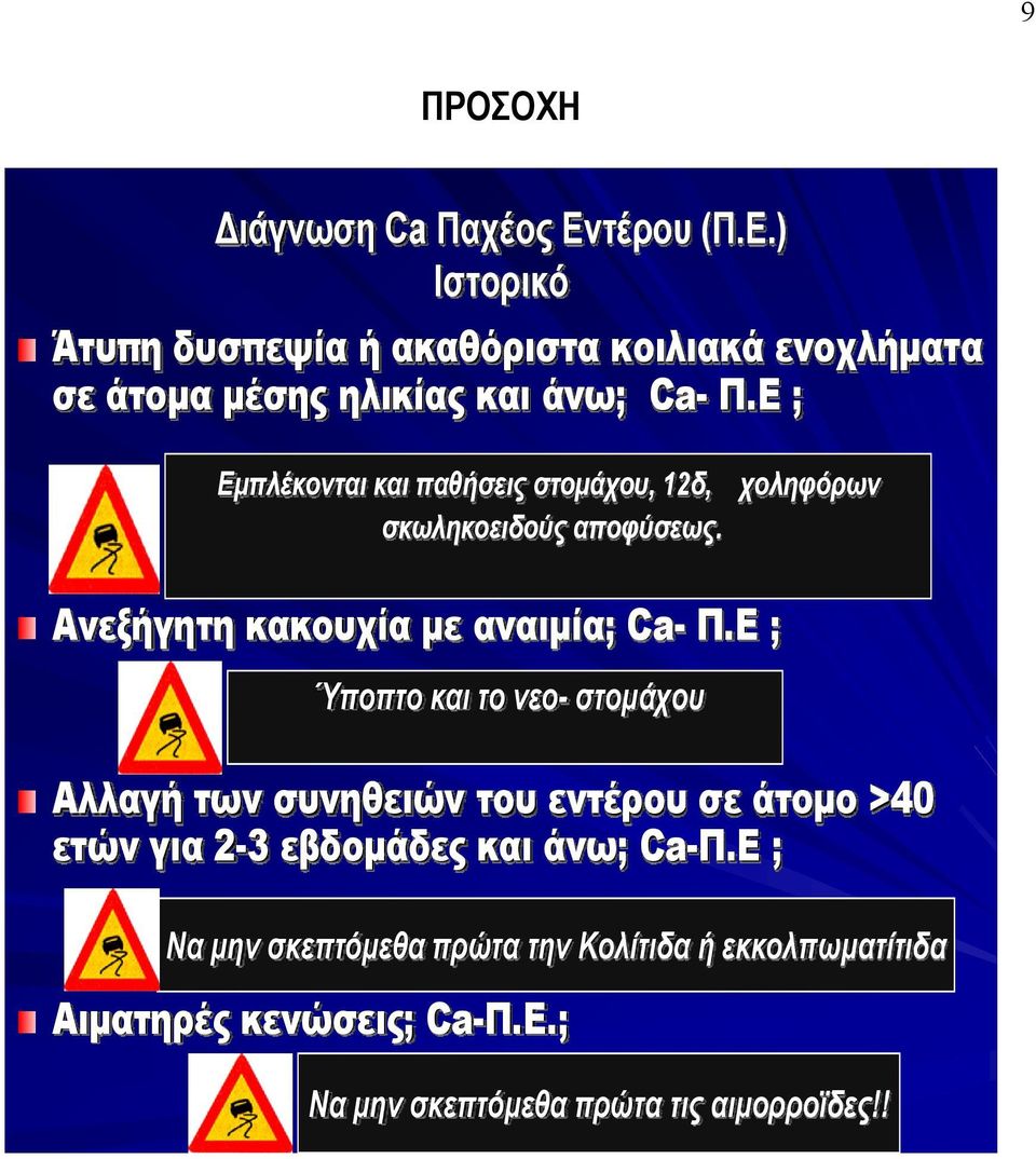 Ε ; Εμπλέκονται και παθήσεις στομάχου, 12δ, σκωληκοειδούς αποφύσεως. χοληφόρων Ανεξήγητη κακουχία με αναιμία; Ca-Π.