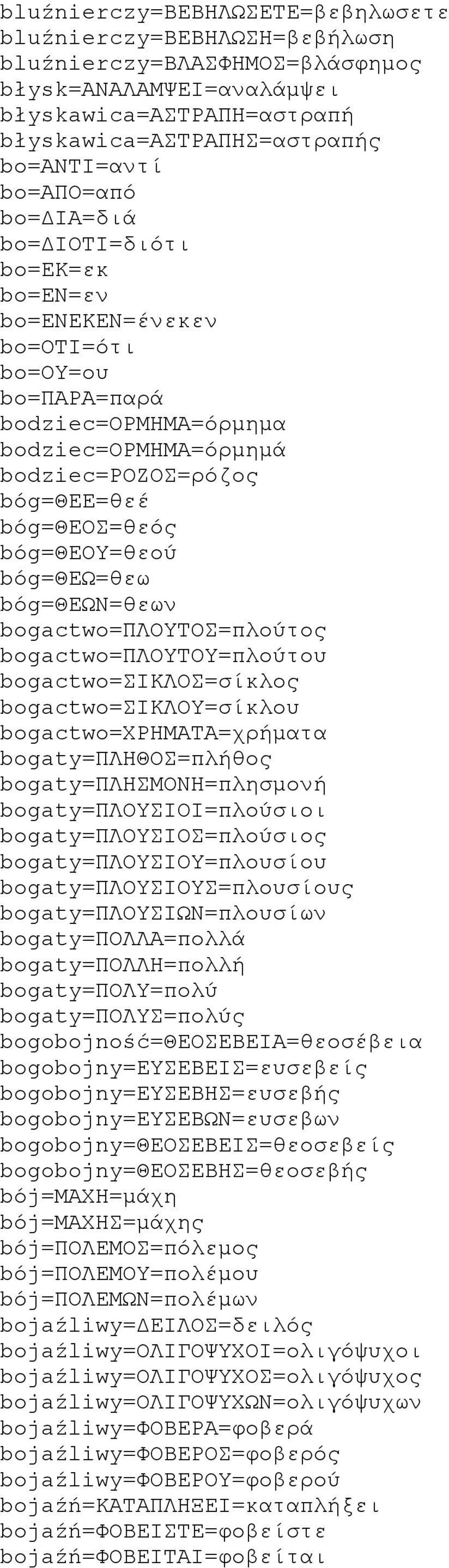 bóg=θεου=θεού bóg=θεω=θεω bóg=θεων=θεων bogactwo=πλουτοσ=πλούτος bogactwo=πλουτου=πλούτου bogactwo=σικλοσ=σίκλος bogactwo=σικλου=σίκλου bogactwo=χρηματα=χρήματα bogaty=πληθοσ=πλήθος
