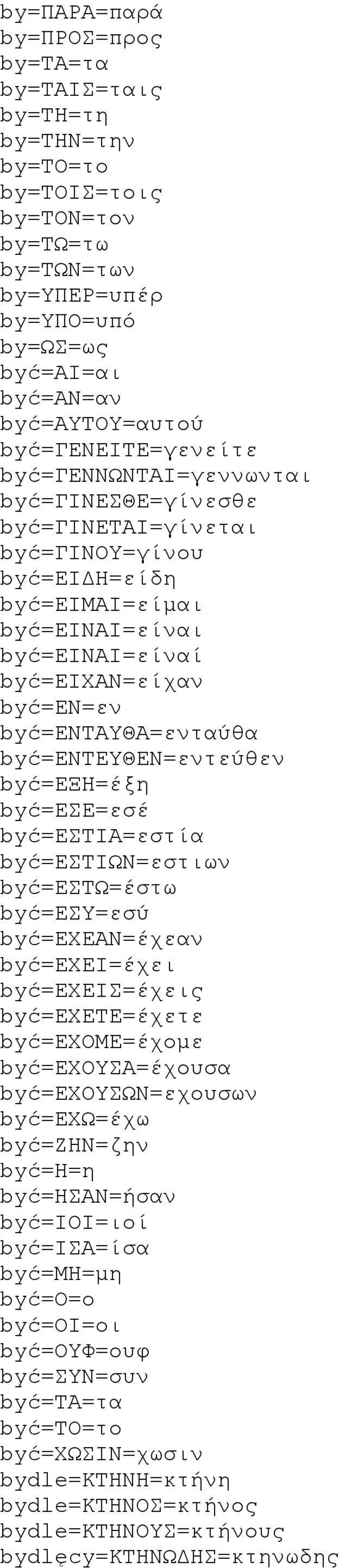 być=ενταυθα=ενταύθα być=εντευθεν=εντεύθεν być=εξη=έξη być=εσε=εσέ być=εστια=εστία być=εστιων=εστιων być=εστω=έστω być=εσυ=εσύ być=εχεαν=έχεαν być=εχει=έχει być=εχεισ=έχεις być=εχετε=έχετε