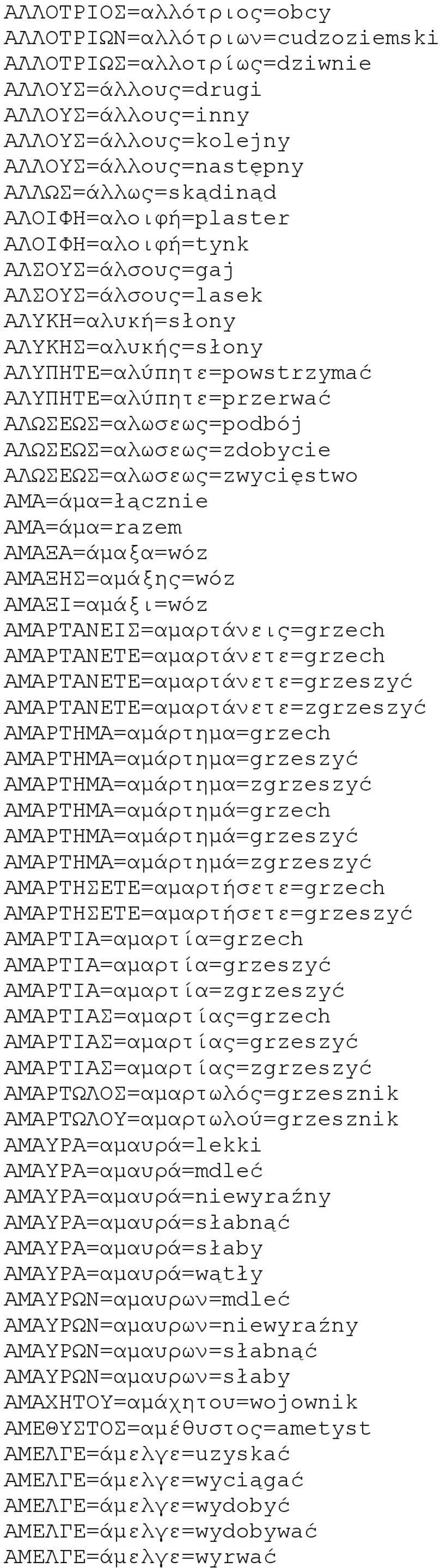 ΑΛΩΣΕΩΣ=αλωσεως=zdobycie ΑΛΩΣΕΩΣ=αλωσεως=zwycięstwo ΑΜΑ=άμα=łącznie ΑΜΑ=άμα=razem ΑΜΑΞΑ=άμαξα=wóz ΑΜΑΞΗΣ=αμάξης=wóz ΑΜΑΞΙ=αμάξι=wóz ΑΜΑΡΤΑΝΕΙΣ=αμαρτάνεις=grzech ΑΜΑΡΤΑΝΕΤΕ=αμαρτάνετε=grzech