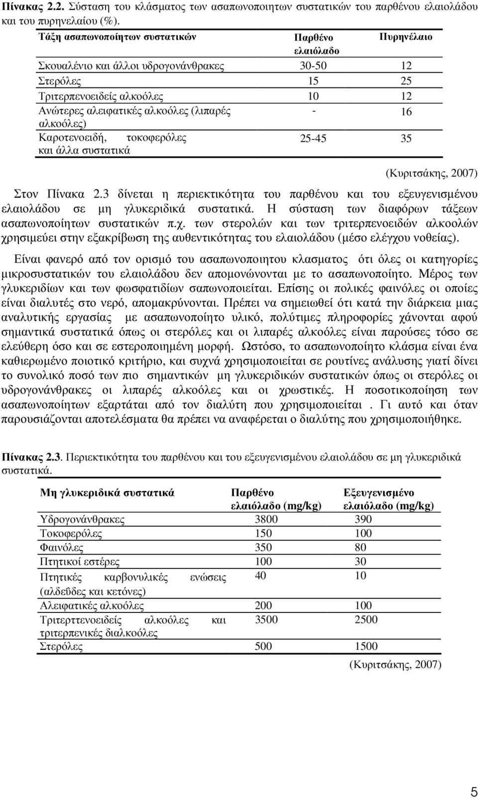 αλκοόλες) Καροτενοειδή, τοκοφερόλες 25-45 35 και άλλα συστατικά (Κυριτσάκης, 2007) Στον Πίνακα 2.3 δίνεται η περιεκτικότητα του παρθένου και του εξευγενισµένου ελαιολάδου σε µη γλυκεριδικά συστατικά.