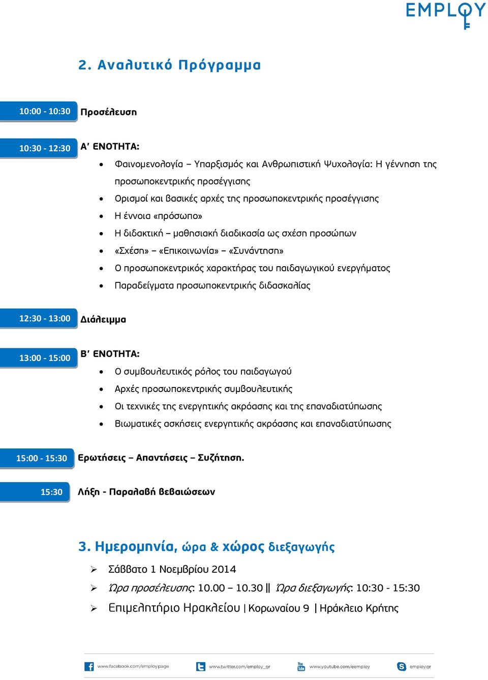 Παραδείγματα προσωποκεντρικής διδασκαλίας 12:30-13:00 Διάλειμμα 13:00-15:00 Β ΕΝΟΤΗΤΑ: Ο συμβουλευτικός ρόλος του παιδαγωγού Αρχές προσωποκεντρικής συμβουλευτικής Οι τεχνικές της ενεργητικής ακρόασης