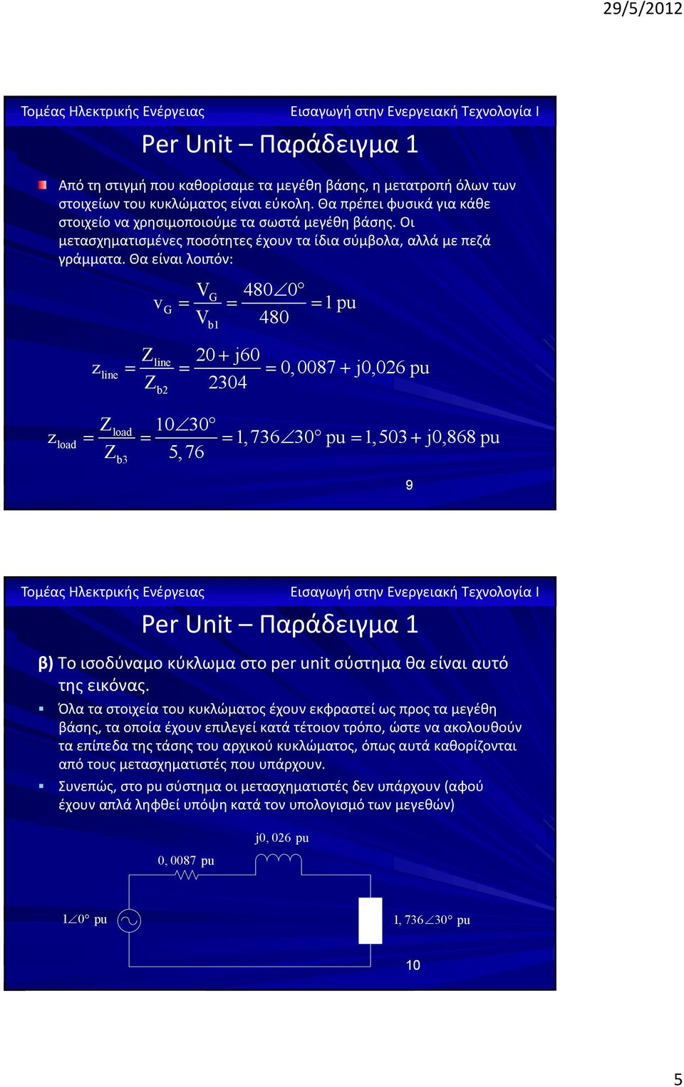 Θα είναι λοιπόν: v 480 0 G G = = = 480 Z 0+ j60 pu line zline = = = 0, 0087+ j0,06 pu Z 304 Z 0 30 load zload = = =, 736 30 pu=,503+ j0,868 pu Z3 5,76 9 Per Unit Παράδειγμα β)το ισοδύναμο κύκλωμα στο