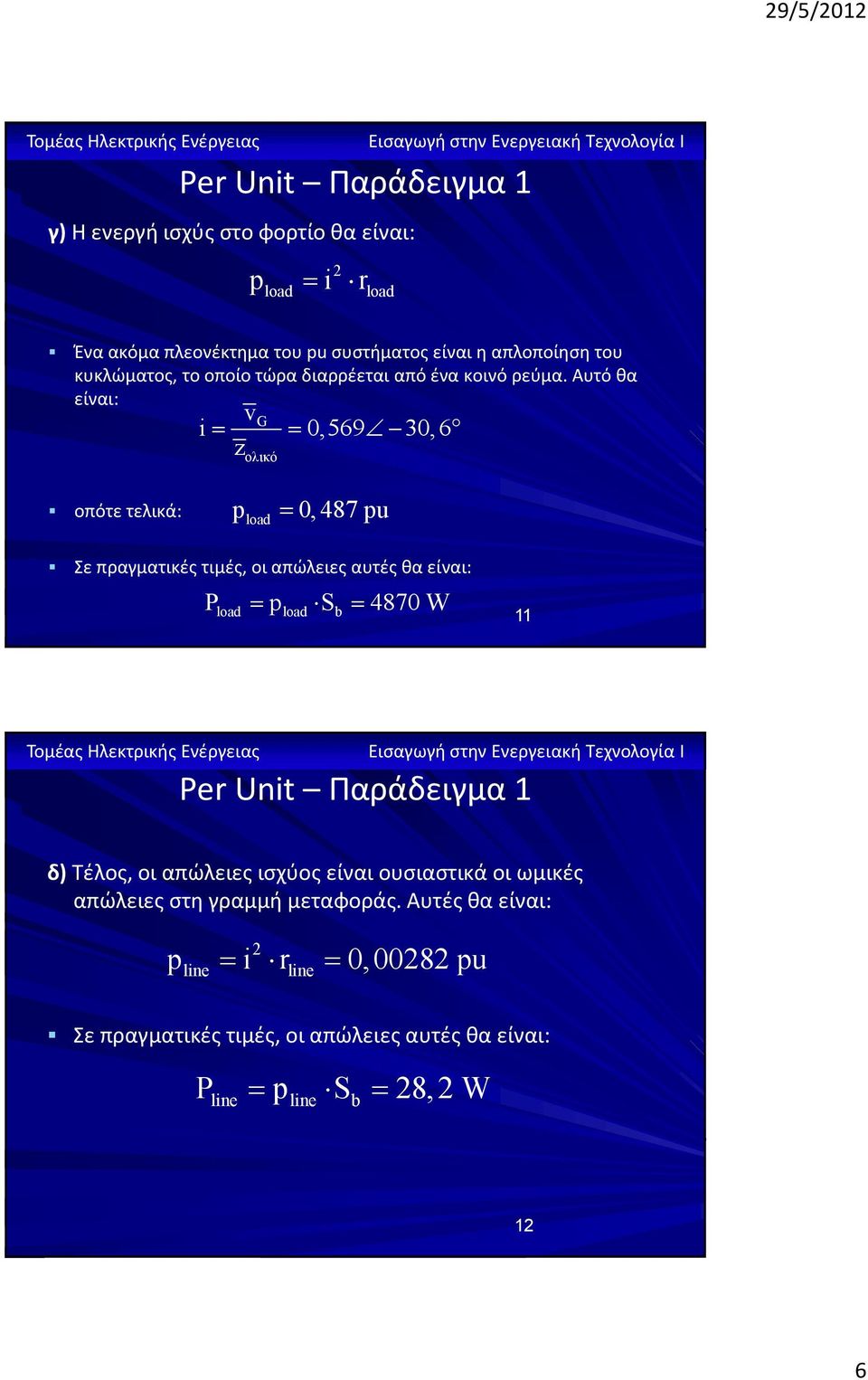 Αυτό θα είναι: v = = z G i 0,569 30, 6 ολικό οπότε τελικά: pload = 0, 487 pu Σε πραγματικές τιμές, οι απώλειες αυτές θα είναι: Pload = pload =