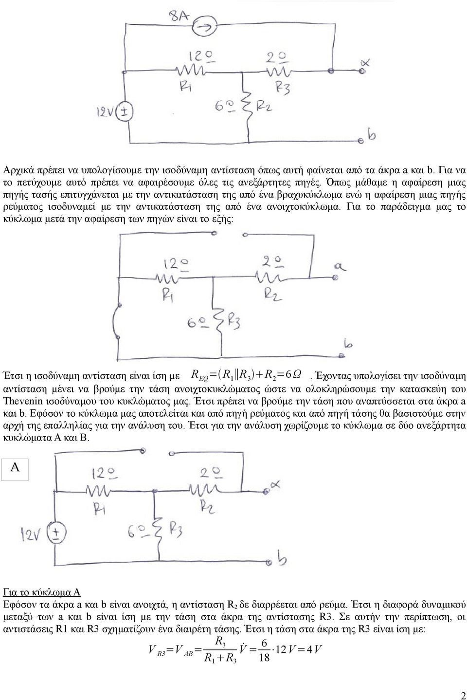 Για το παράδειγμα μας το κύκλωμα μετά την αφαίρεση των πηγών είναι το εξής: R 1 R 3 Έτσι η ισοδύναμη αντίσταση είναι ίση με R EQ = R 1 R 3 R 2 =6Ω.