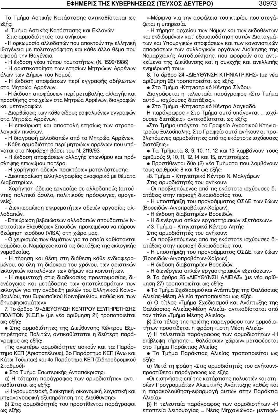 1599/1986) Η οριστικοποίηση των ετησίων Μητρώων Αρρένων όλων των Δήμων του Νομού. Η έκδοση αποφάσεων περί εγγραφής αδήλωτων στα Μητρώα Αρρένων.