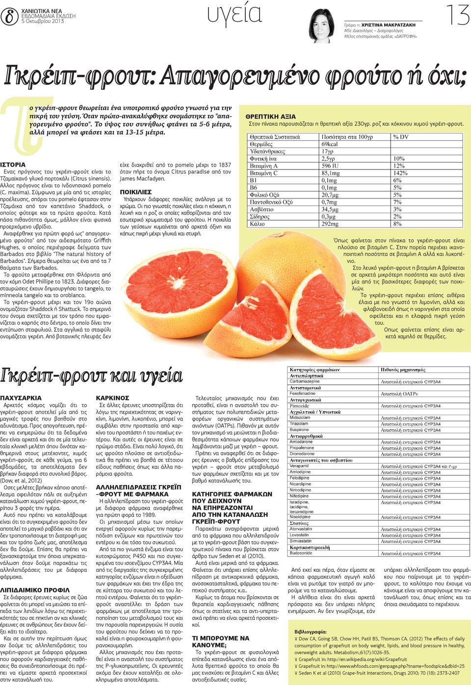 ΘρεπτικΗ αξια Στον πίνακα παρουσιάζεται η θρεπτική αξία 230γρ. ροζ και κόκκινου χυμού γκρέιπ-φρουτ. ιστορια Ενας πρόγονος του γκρέιπ-φρούτ είναι το Τζαμαϊκανό γλυκό πορτοκάλι (Citrus sinensis).
