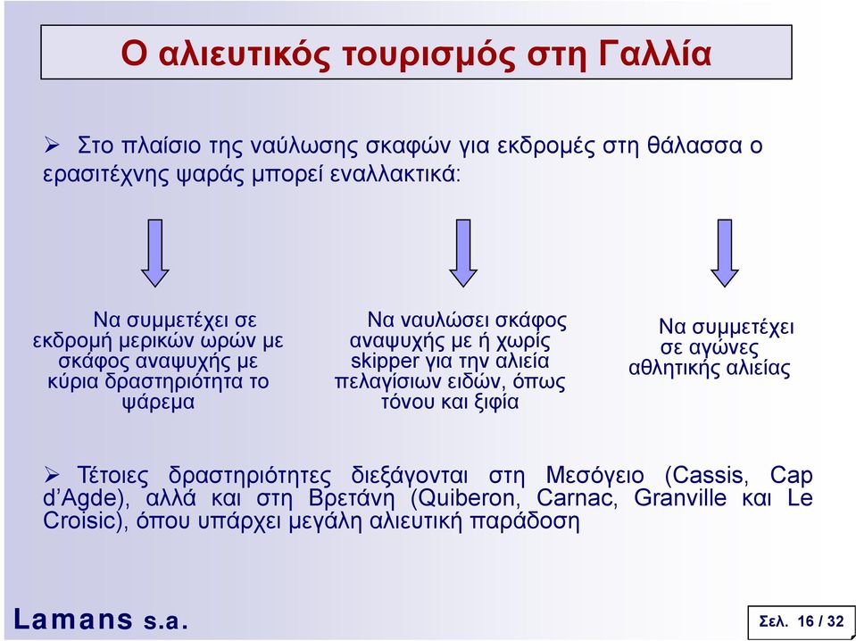 εκδροµή µερικών ωρών µε σκάφος αναψυχής µε κύρια δραστηριότητα το ψάρεµα τόνου και ξιφία Τέτοιες δραστηριότητες διεξάγονται στη Μεσόγειο