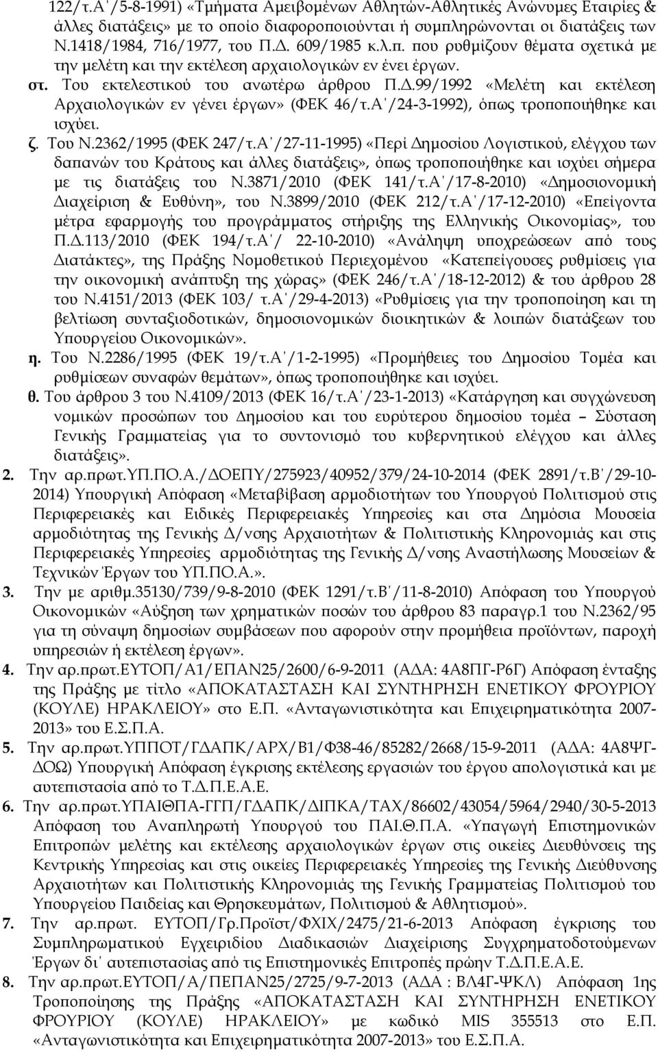 99/1992 «Μελέτη και εκτέλεση Αρχαιολογικών εν γένει έργων» (ΦΕΚ 46/τ.Α /24-3-1992), όπως τροποποιήθηκε και ισχύει. ζ. Του Ν.2362/1995 (ΦΕΚ 247/τ.