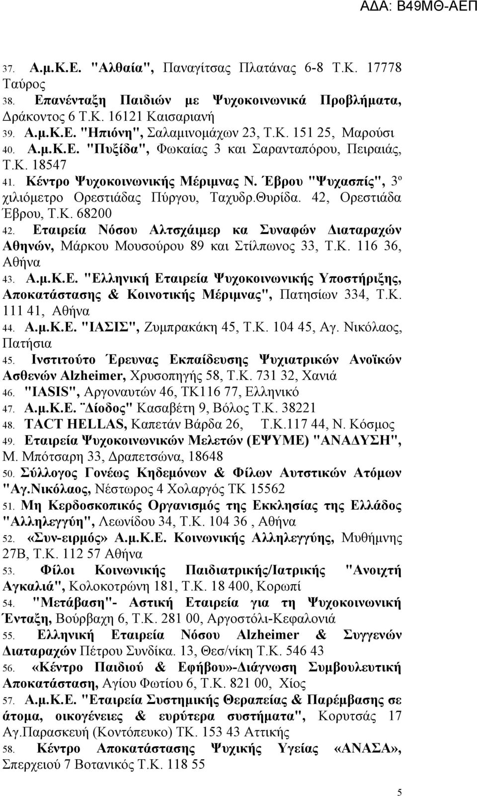 Εταιρεία Νόσου Αλτσχάιμερ κα Συναφών Διαταραχών Αθηνών, Μάρκου Μουσούρου 89 και Στίλπωνος 33, Τ.Κ. 116 36, Αθήνα 43. Α.μ.Κ.Ε. "Ελληνική Εταιρεία Ψυχοκοινωνικής Υποστήριξης, Αποκατάστασης & Κοινοτικής Μέριμνας", Πατησίων 334, Τ.