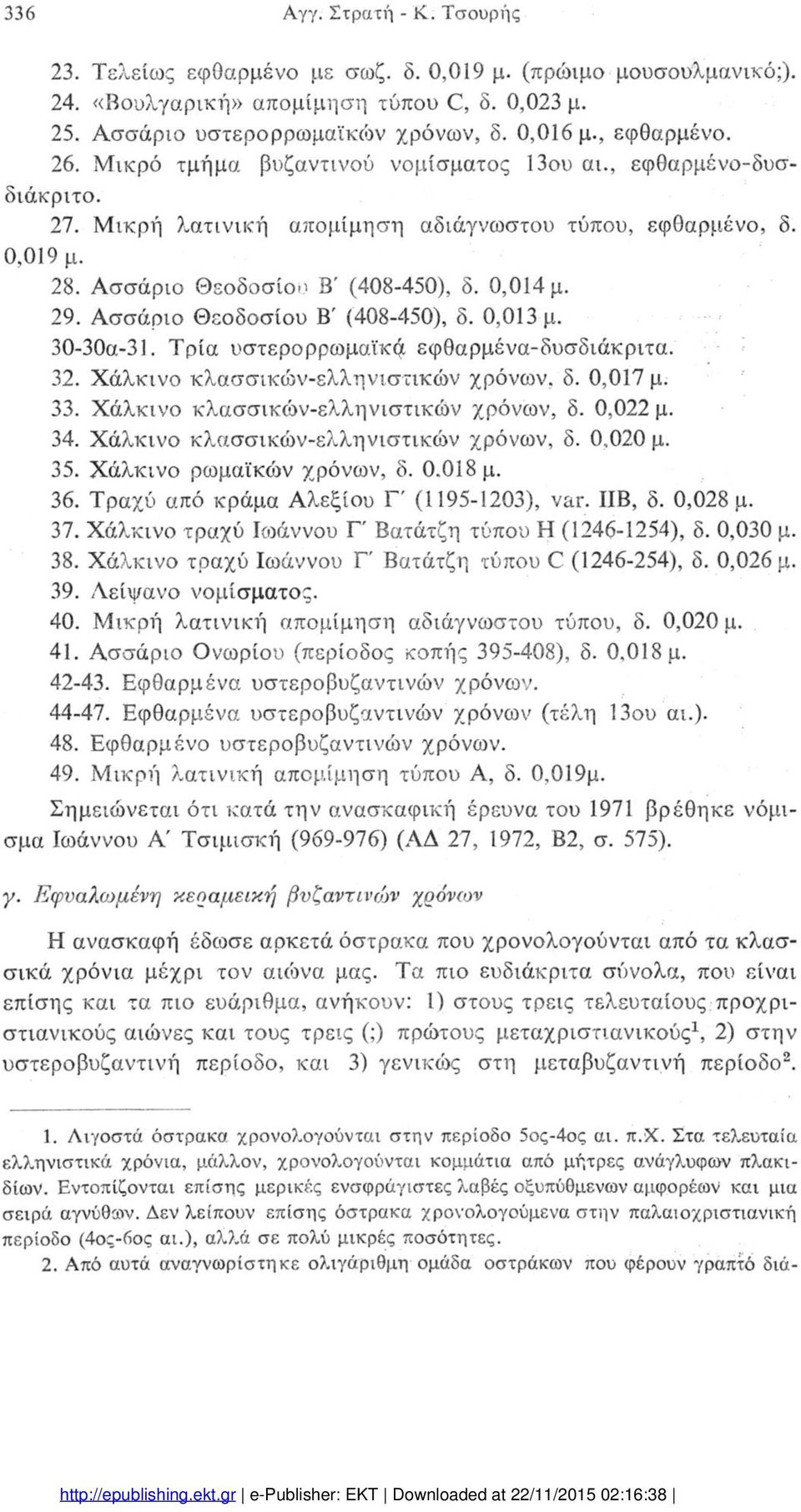 0,014 μ. 29. Ασσάριο Θεοδοσίου Β' (408-450), δ. 0,013 μ. 30-30α-31. Τρία υστερορρωμαϊκμ εφθαρμένα-δυσδιάκριτα. 32. Χάλκινο κλασσικών-ελληνιστικών χρόνων, δ. 0,017 μ. 33.