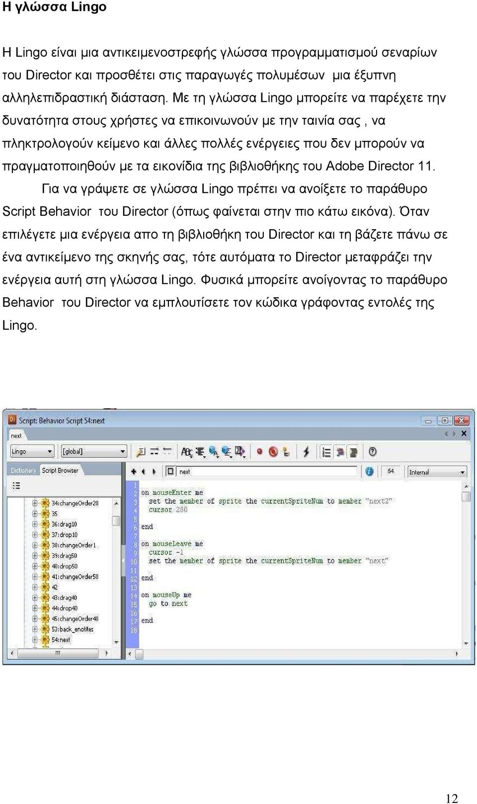 εικονίδια της βιβλιοθήκης του Adobe Director 11. Για να γράψετε σε γλώσσα Lingo πρέπει να ανοίξετε το παράθυρο Script Behavior του Director (όπως φαίνεται στην πιο κάτω εικόνα).