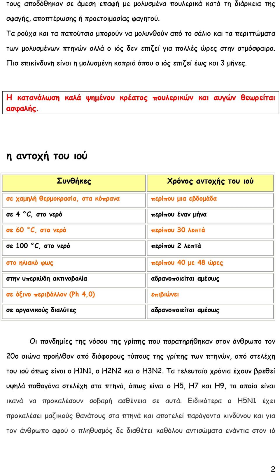 Πιο επικίνδυνη είναι η μολυσμένη κοπριά όπου ο ιός επιζεί έως και 3 μήνες. Η κατανάλωση καλά ψημένου κρέατος πουλερικών και αυγών θεωρείται ασφαλής.