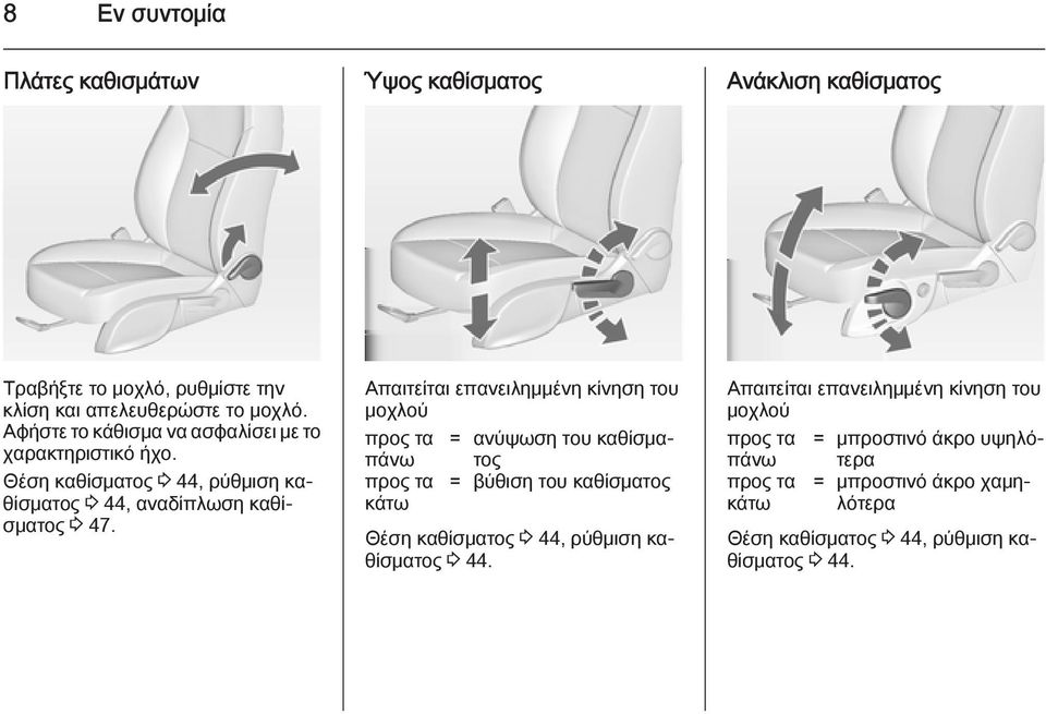 πάνω προς τα κάτω Απαιτείται επανειλημμένη κίνηση του μοχλού προς τα = ανύψωση του καθίσματος = βύθιση του καθίσματος Θέση καθίσματος 3 44, ρύθμιση