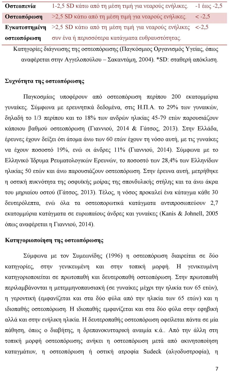 Κατηγορίες διάγνωσης της οστεοπόρωσης (Παγκόσμιος Οργανισμός Υγείας, όπως αναφέρεται στην Αγγελοπούλου Σακαντάμη, 2004). *SD: σταθερή απόκλιση.