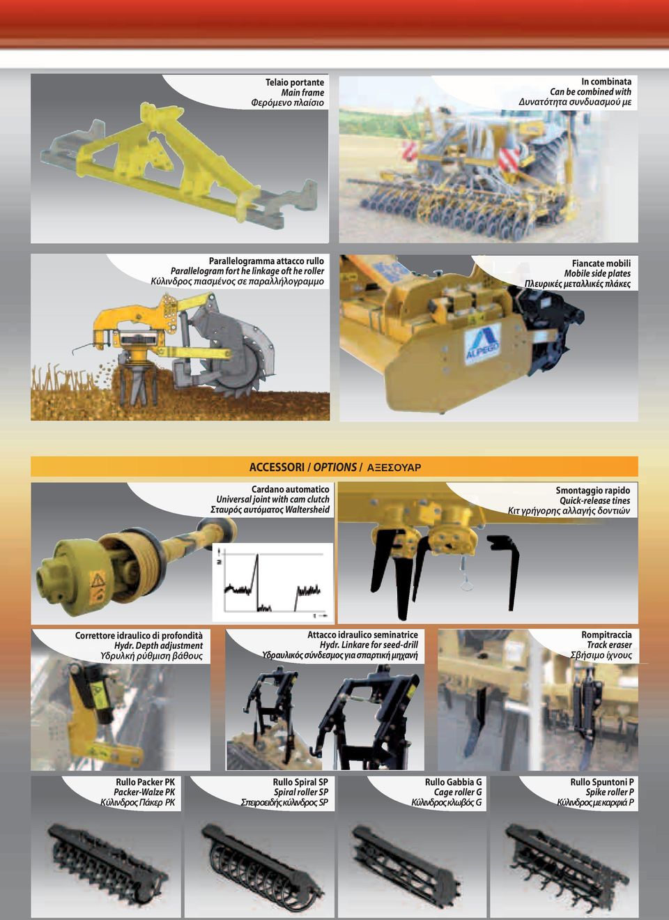 Smontaggio rapido Quick-release tines Κιτ γρήγορης αλλαγής δοντιών Correttore idraulico di profondità Hydr. Depth adjustment Υδρυλκή ρύθμιση βάθους Attacco idraulico seminatrice Hydr.