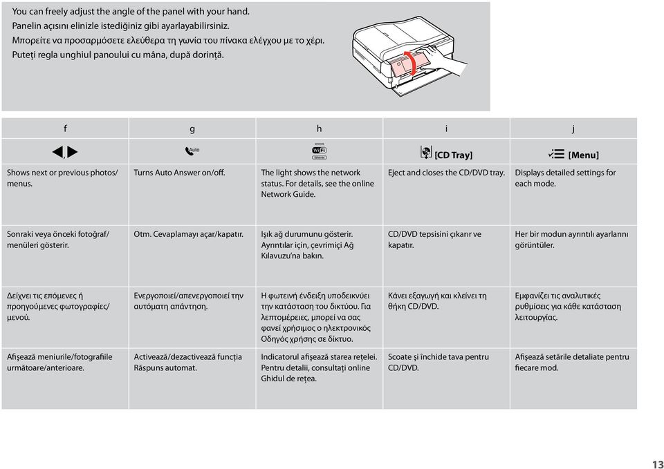 For details, see the online Network Guide. Eject and closes the CD/DVD tray. Displays detailed settings for each mode. Sonraki veya önceki fotoğraf/ menüleri gösterir. Otm. Cevaplamayı açar/kapatır.