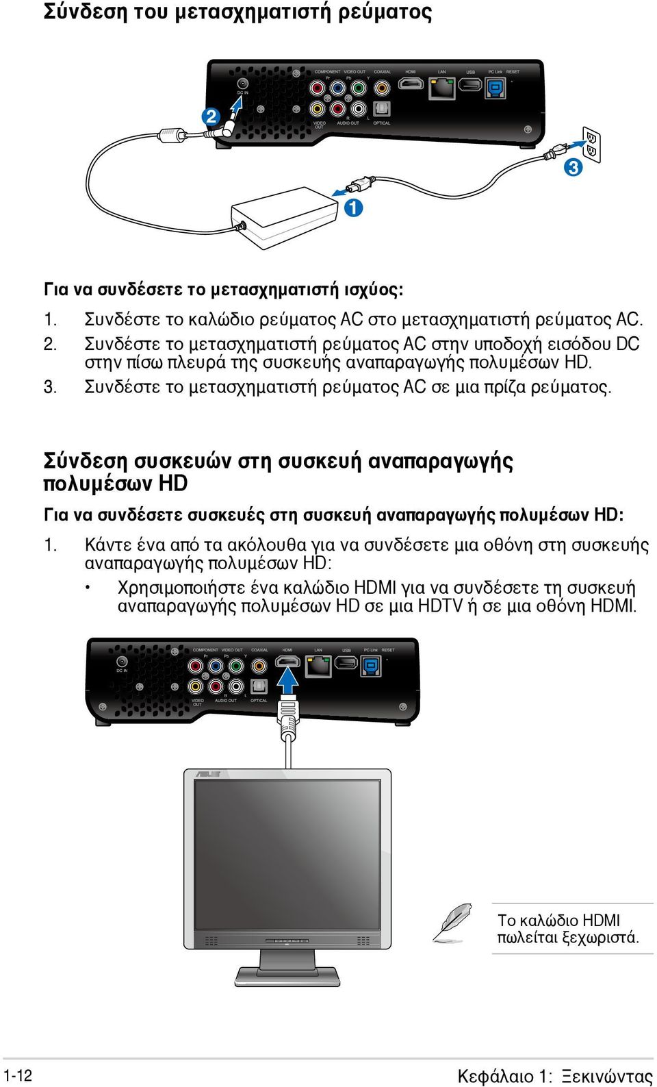 Σύνδεση συσκευών στη συσκευή αναπαραγωγής πολυμέσων HD Για να συνδέσετε συσκευές στη συσκευή αναπαραγωγής πολυμέσων HD: 1.