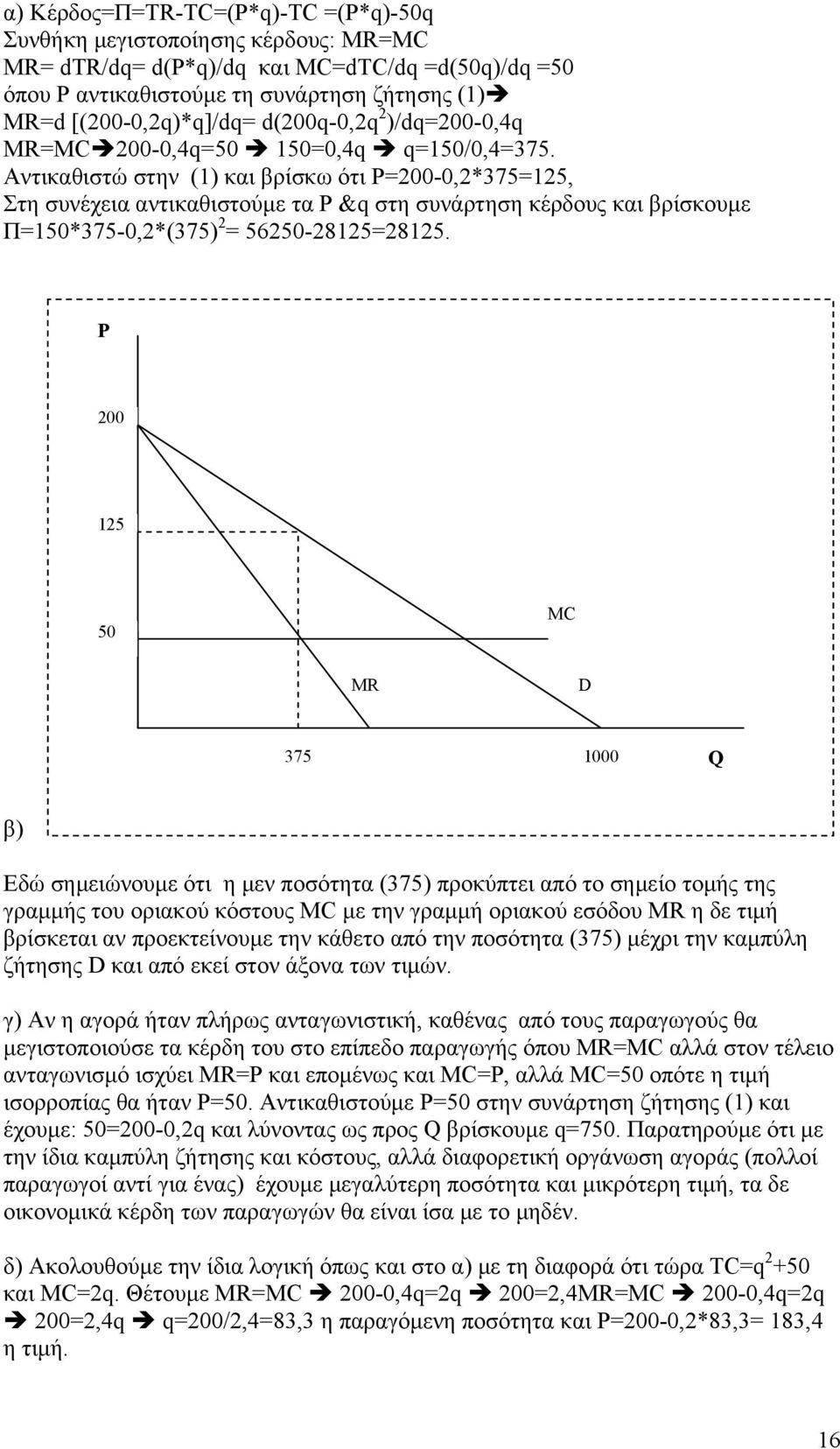 Αντικαθιστώ στην (1) και βρίσκω ότι Ρ=2-,2*375=125, Στη συνέχεια αντικαθιστούμε τα P &q στη συνάρτηση κέρδους και βρίσκουμε Π=15*375-,2*(375) 2 = 5625-28125=28125.