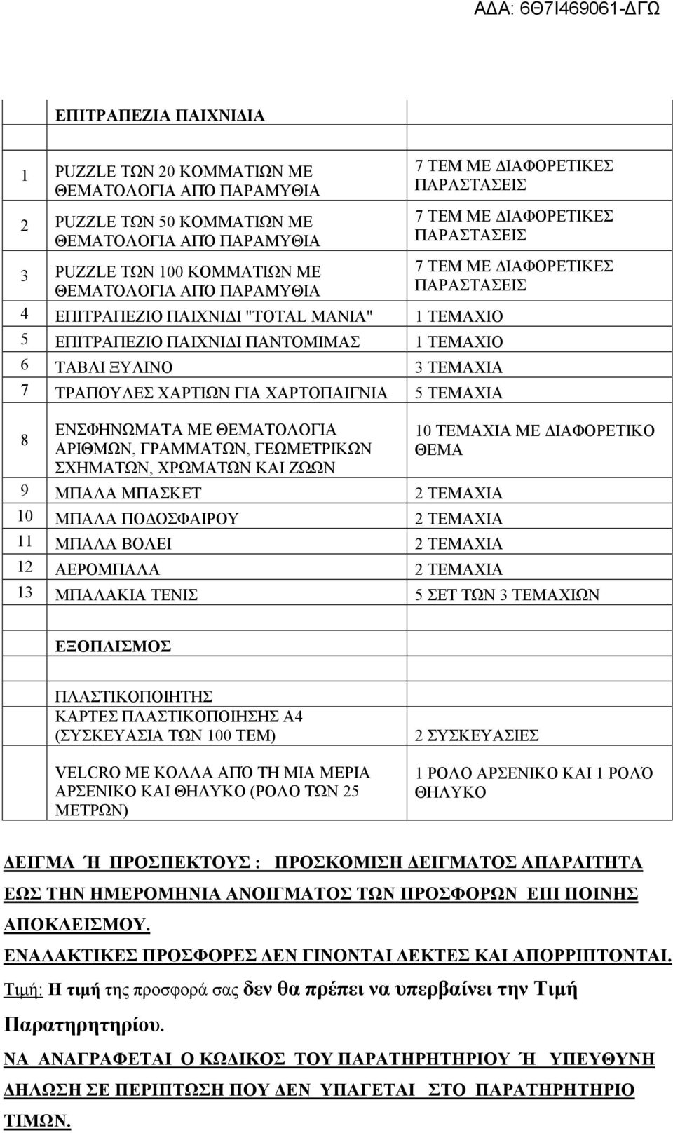 ΜΠΑΛΑ ΠΟ ΟΣΦΑΙΡΟΥ 2 ΤΕΜΑΧΙΑ 11 ΜΠΑΛΑ ΒΟΛΕΙ 2 ΤΕΜΑΧΙΑ 12 ΑΕΡΟΜΠΑΛΑ 2 ΤΕΜΑΧΙΑ 10 ΤΕΜΑΧΙΑ ΜΕ ΙΑΦΟΡΕΤΙΚΟ ΘΕΜΑ 13 ΜΠΑΛΑΚΙΑ ΤΕΝΙΣ 5 ΣΕΤ ΤΩΝ 3 ΤΕΜΑΧΙΩΝ ΕΞΟΠΛΙΣΜΟΣ ΠΛΑΣΤΙΚΟΠΟΙΗΤΗΣ ΚΑΡΤΕΣ ΠΛΑΣΤΙΚΟΠΟΙΗΣΗΣ Α4