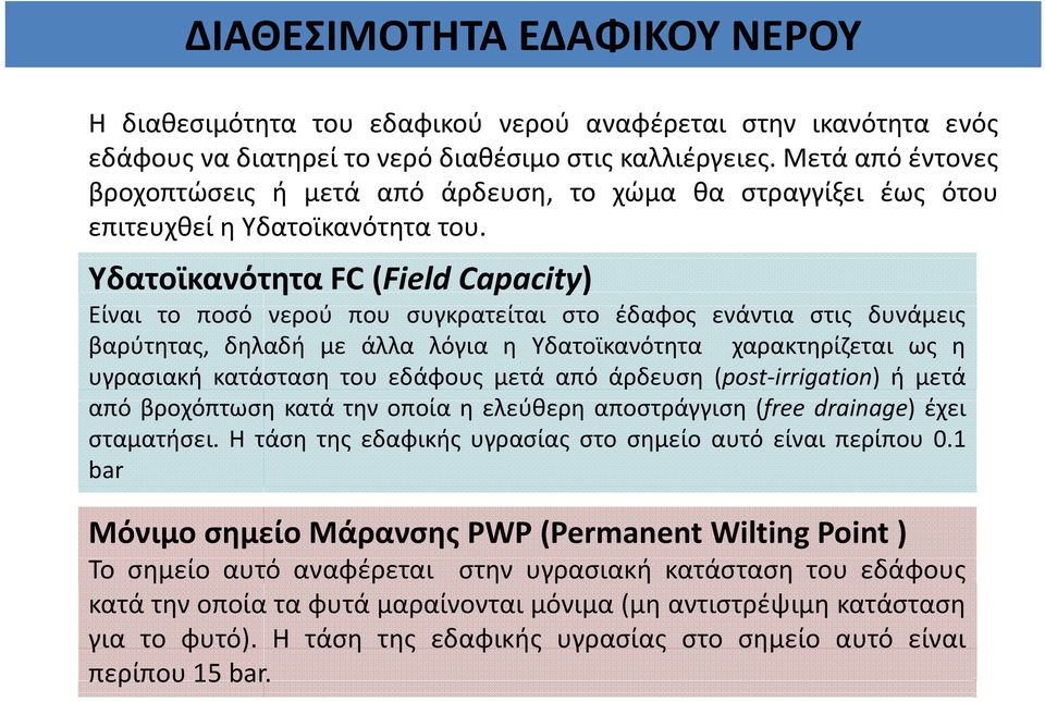 Υδατοϊκανότητα FC (Field Capacity) Είναι το ποσό νερού που συγκρατείται στο έδαφος ενάντια στις δυνάμεις βαρύτητας, δηλαδή με άλλα λόγια η Υδατοϊκανότητα χαρακτηρίζεται ως η υγρασιακή κατάσταση του