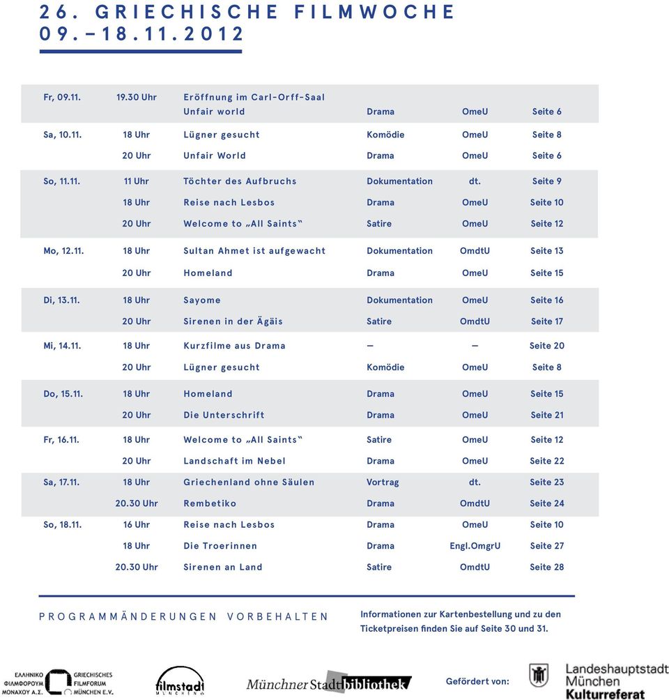 11. 18 Uhr Sayome Dokumentation OmeU Seite 16 20 Uhr Sirenen in der Ägäis Satire OmdtU Seite 17 Mi, 14.11. 18 Uhr Kurzfilme aus Drama Seite 20 20 Uhr Lügner gesucht Komödie OmeU Seite 8 Do, 15.11. 18 Uhr Homeland Drama OmeU Seite 15 20 Uhr Die Unterschrift Drama OmeU Seite 21 Fr, 16.