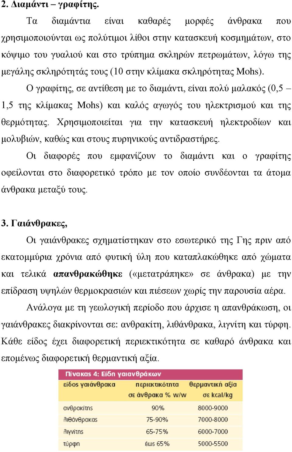 τους (10 στην κλίμακα σκληρότητας Mohs). Ο γραφίτης, σε αντίθεση με το διαμάντι, είναι πολύ μαλακός (0,5 1,5 της κλίμακας Mohs) και καλός αγωγός του ηλεκτρισμού και της θερμότητας.