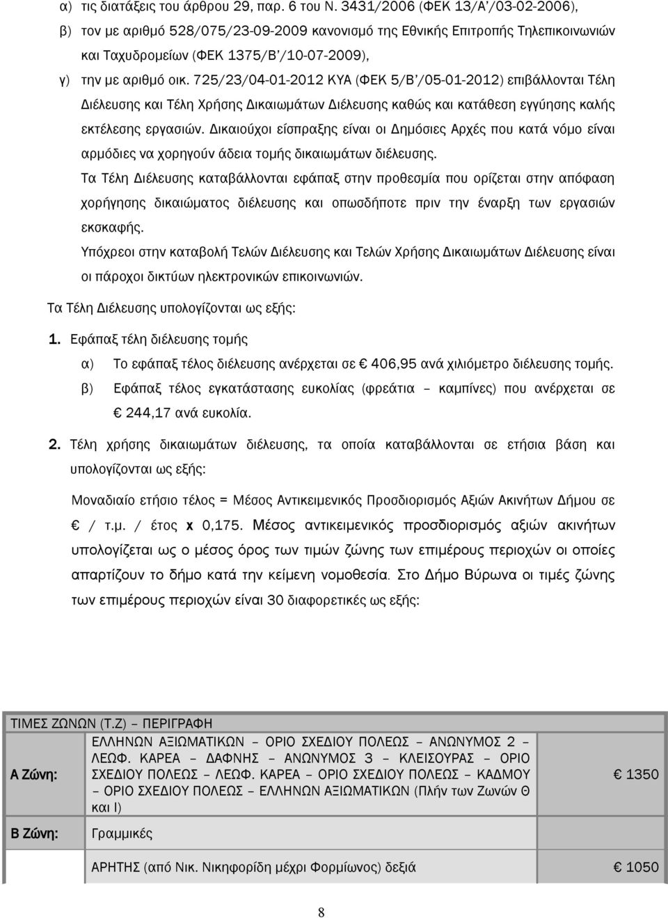 725/23/04-01-2012 ΚΥΑ (ΦΕΚ 5/Β /05-01-2012) επιβάλλονται Τέλη Διέλευσης και Τέλη Χρήσης Δικαιωμάτων Διέλευσης καθώς και κατάθεση εγγύησης καλής εκτέλεσης εργασιών.