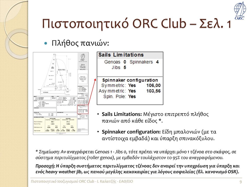 * Σημείωση: Αν αναγράφεται Genoas 1 - Jibs 0, τότε πρέπει να υπάρχει μόνο 1 τζένοα στο σκάφος, σε σύστημα περιτυλίγματος (roller genoa),
