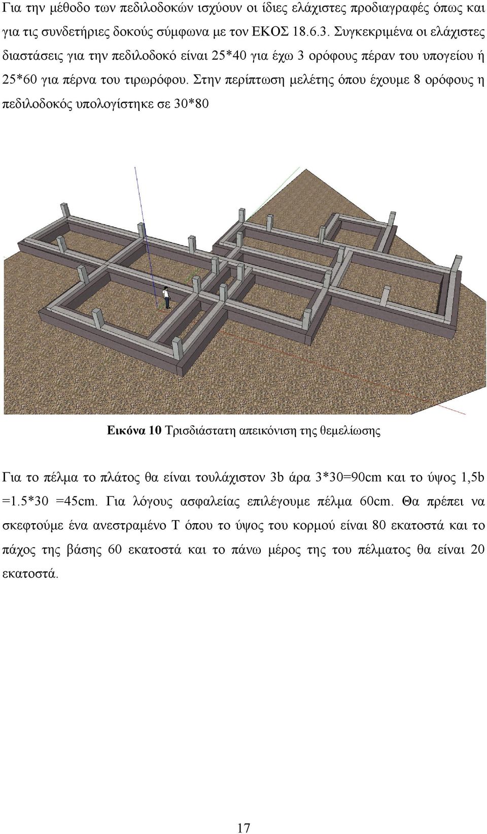Στην περίπτωση μελέτης όπου έχουμε 8 ορόφους η πεδιλοδοκός υπολογίστηκε σε 30*80 Εικόνα 10 Τρισδιάστατη απεικόνιση της θεμελίωσης Για το πέλμα το πλάτος θα είναι τουλάχιστον 3b