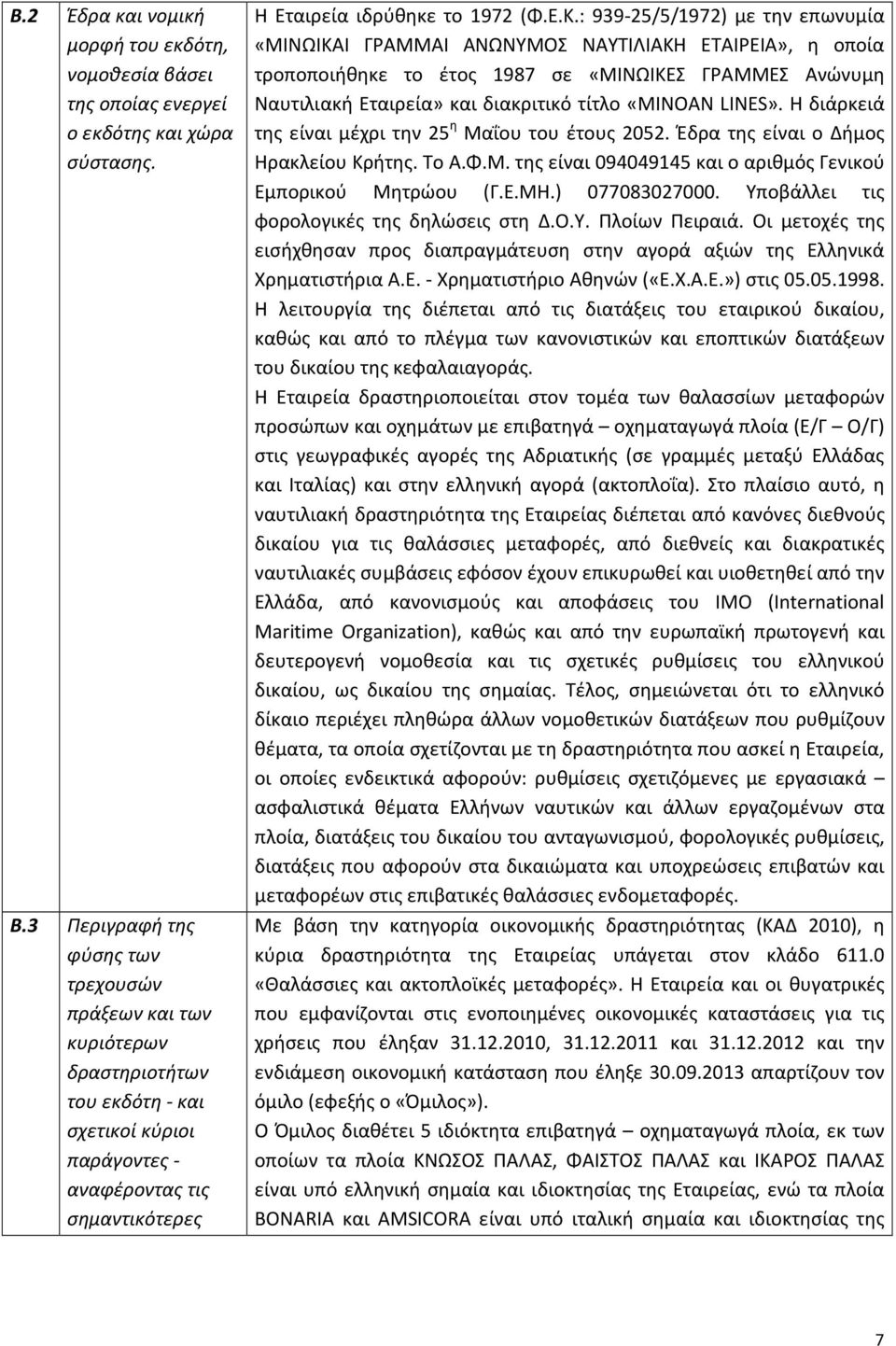 : 939-25/5/1972) με την επωνυμία «ΜΙΝΩΙΚΑΙ ΓΡΑΜΜΑΙ ΑΝΩΝΥΜΟΣ ΝΑΥΤΙΛΙΑΚΗ ΕΤΑΙΡΕΙΑ», η οποία τροποποιήθηκε το έτος 1987 σε «ΜΙΝΩΙΚΕΣ ΓΡΑΜΜΕΣ Ανώνυμη Ναυτιλιακή Εταιρεία» και διακριτικό τίτλο «MINOAN