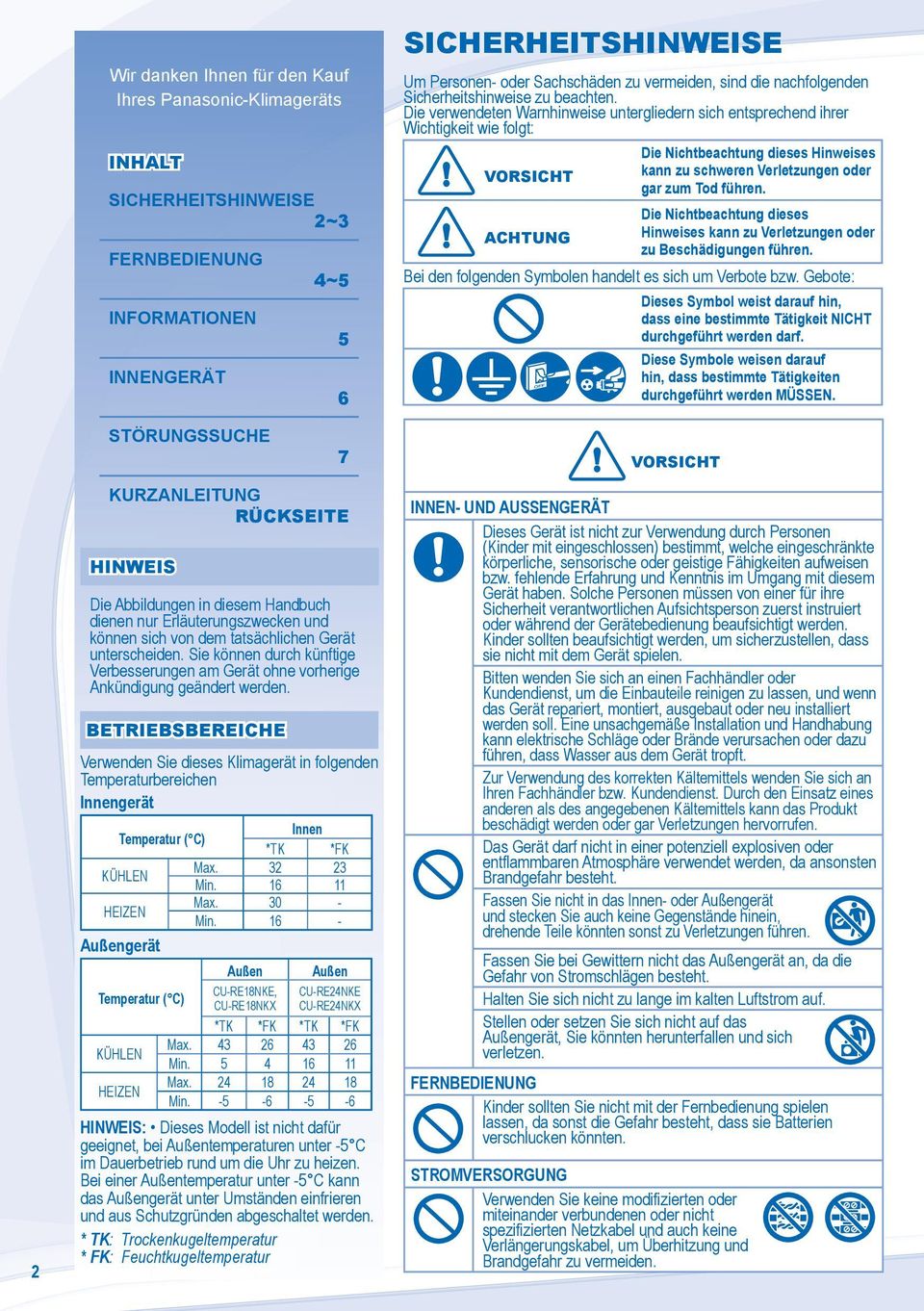 BETRIEBSBEREICHE Verwenden Sie dieses Klimagerät in folgenden Temperaturbereichen Innengerät Temperatur ( C) Innen *TK *FK KÜHLEN Max. Min. HEIZEN Max. 0 - Min.