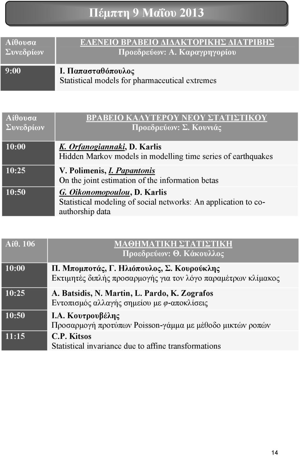 Karlis Hidden Markov models in modelling time series of earthquakes 10:5 V. Polimenis, I. Papantonis On the joint estimation of the information betas 10:50 G. Oikonomopoulou, D.