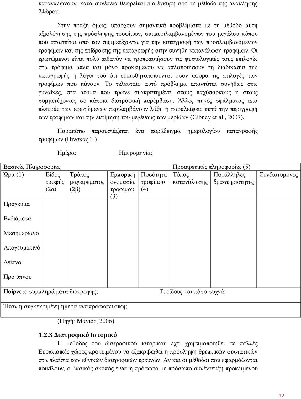 προσλαμβανόμενων τροφίμων και της επίδρασης της καταγραφής στην συνήθη κατανάλωση τροφίμων.