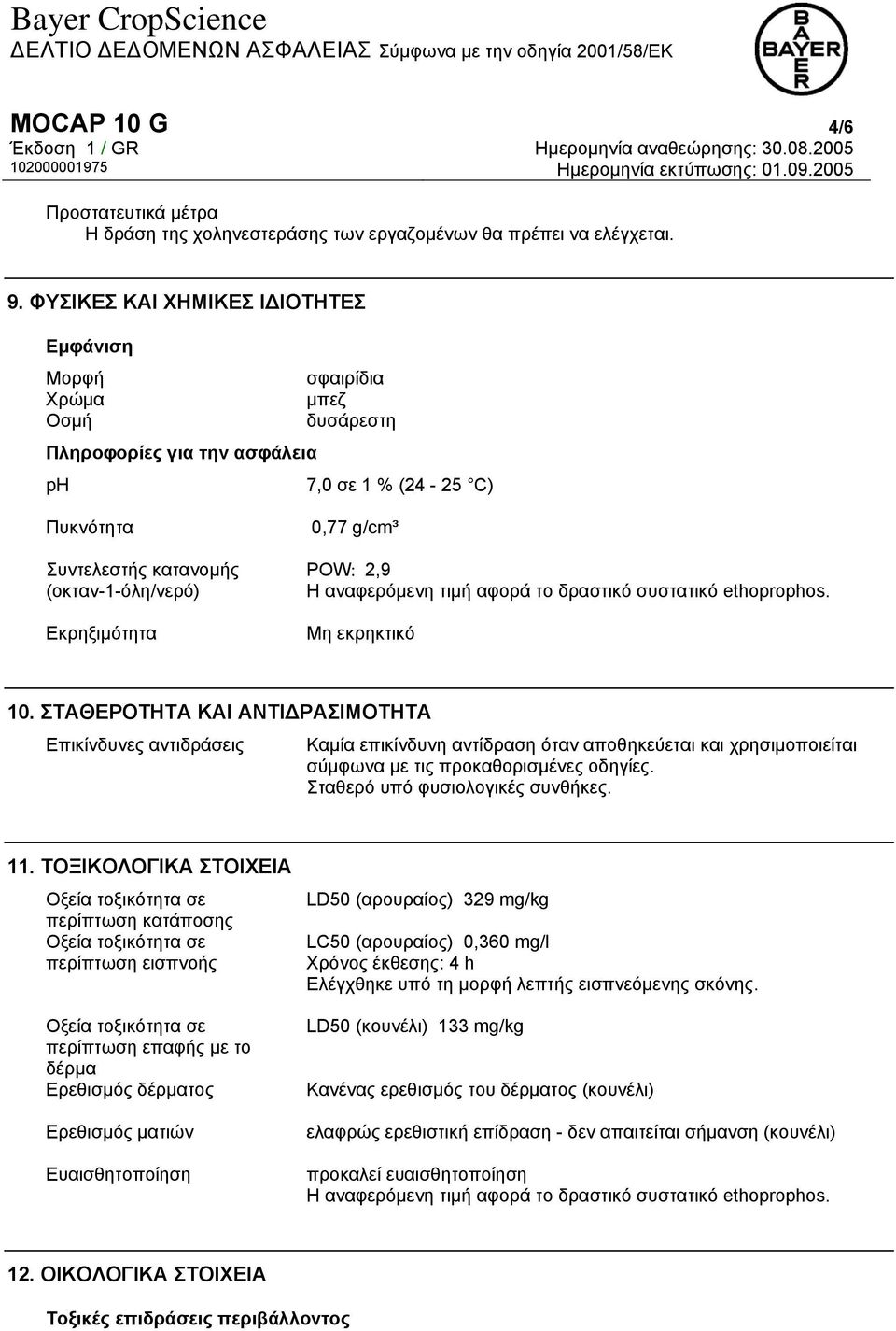 0,77 g/cm³ POW: 2,9 Η αναφερόμενη τιμή αφορά το δραστικό συστατικό ethoprophos. Μη εκρηκτικό 10.