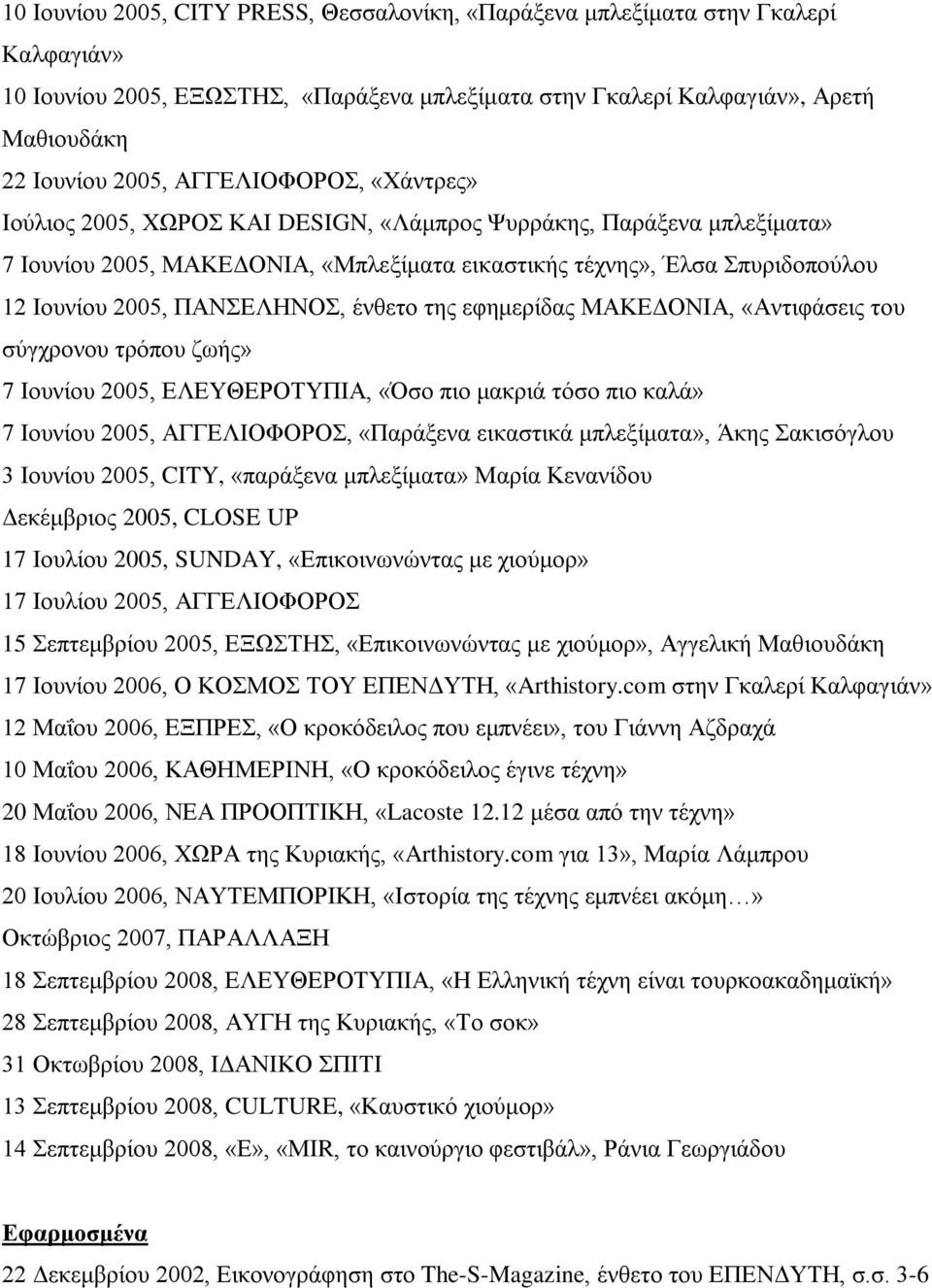 ΠΑΝΣΕΛΗΝΟΣ, ένθετο της εφημερίδας ΜΑΚΕΔΟΝΙΑ, «Αντιφάσεις του σύγχρονου τρόπου ζωής» 7 Ιουνίου 2005, ΕΛΕΥΘΕΡΟΤΥΠΙΑ, «Όσο πιο μακριά τόσο πιο καλά» 7 Ιουνίου 2005, ΑΓΓΕΛΙΟΦΟΡΟΣ, «Παράξενα εικαστικά