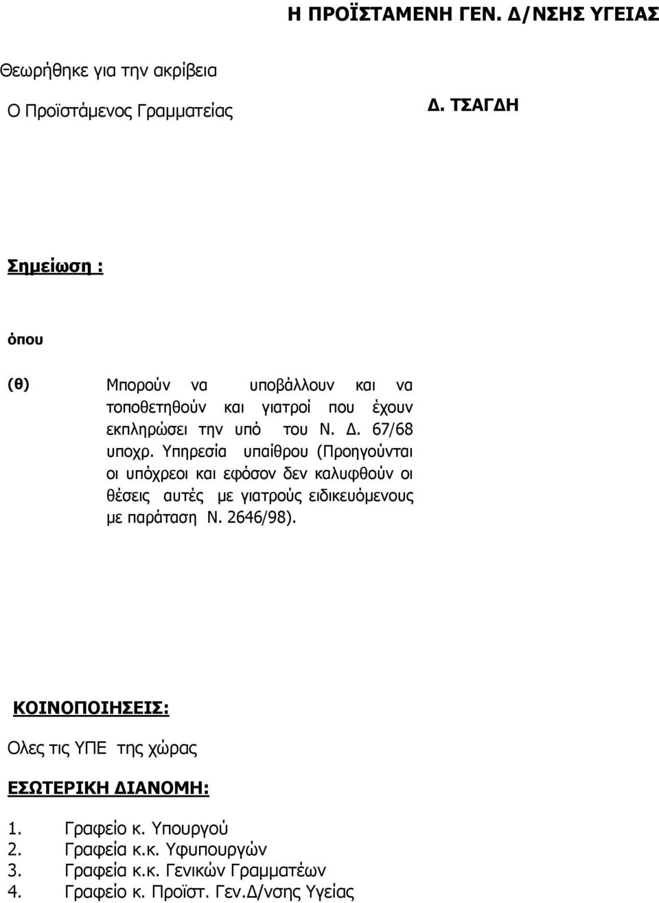 Υπηρεσία υπαίθρου (Προηγούνται οι υπόχρεοι και εφόσον δεν καλυφθούν οι θέσεις αυτές με γιατρούς ειδικευόμενους με παράταση Ν. 2646/98).