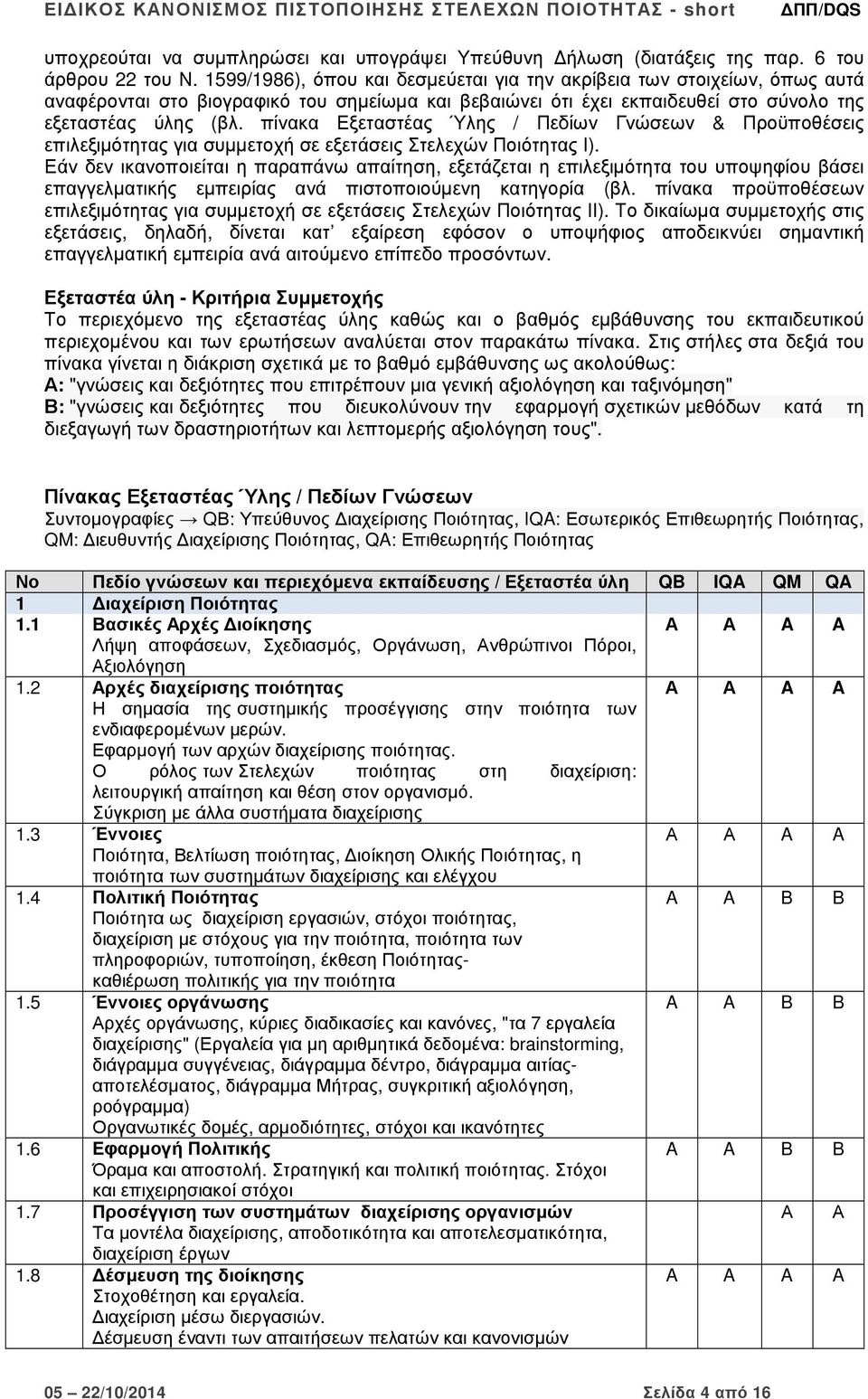 πίνακα Εξεταστέας Ύλης / Πεδίων Γνώσεων & Προϋποθέσεις επιλεξιµότητας για συµµετοχή σε εξετάσεις Στελεχών Ποιότητας Ι).