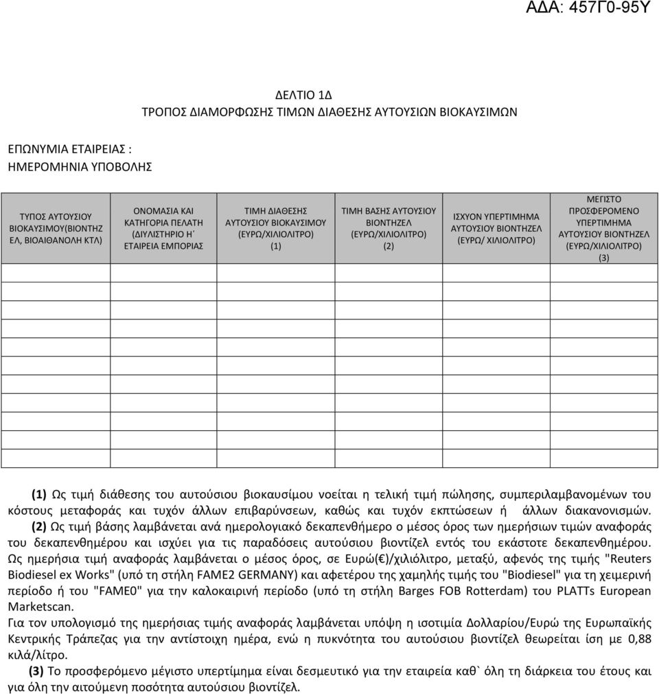 ΧΙΛΙΟΛΙΤΡΟ) ΜΕΓΙΣΤΟ ΠΡΟΣΦΕΡΟΜΕΝΟ ΥΠΕΡΤΙΜΗΜΑ ΑΥΤΟΥΣΙΟΥ ΒΙΟΝΤΗΖΕΛ (ΕΥΡΩ/ΧΙΛΙΟΛΙΤΡΟ) (3) (1) Ως τιμή διάθεσης του αυτούσιου βιοκαυσίμου νοείται η τελική τιμή πώλησης, συμπεριλαμβανομένων του κόστους