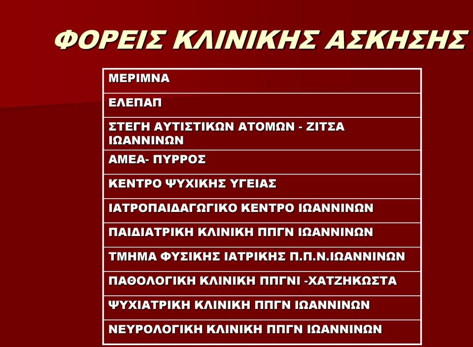 ΚΛΙΝΙΚΗ ΠΠΓΝ ΙΩΑΝΝΙΝΩΝ ΤΜΗΜΑ ΦΥΣΙΚΗΣ ΙΑΤΡΙΚΗΣ Π.Π.Ν.ΙΩΑΝΝΙΝΩΝ ΠΑΘΟΛΟΓΙΚΗ ΚΛΙΝΙΚΗ