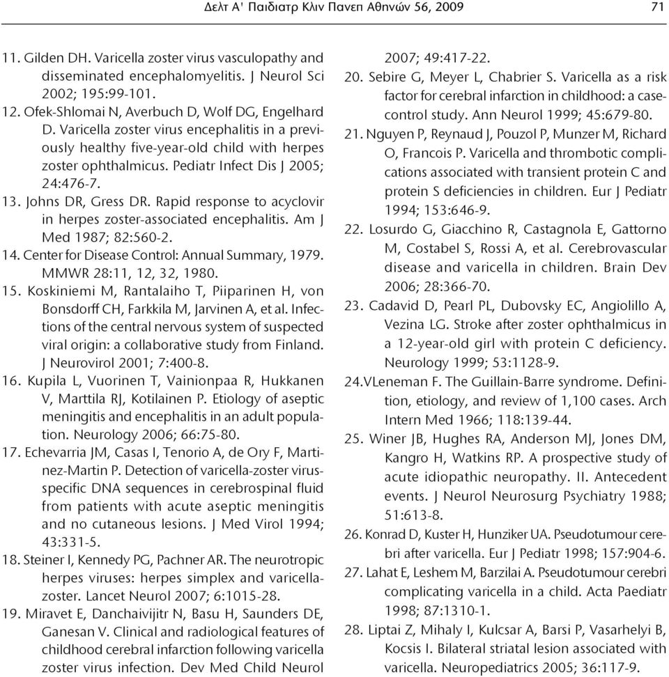 13. Johns DR, Gress DR. Rapid response to acyclovir in herpes zoster-associated encephalitis. Am J Med 1987; 82:560-2. 14. Center for Disease Control: Annual Summary, 1979. MMWR 28:11, 12, 32, 1980.