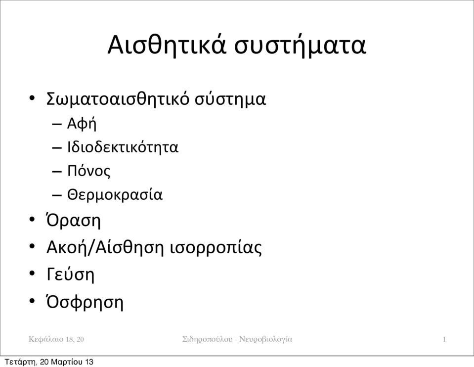 Θερμοκρασία Όραση Ακοή/Αίσθηση ισορροπίας