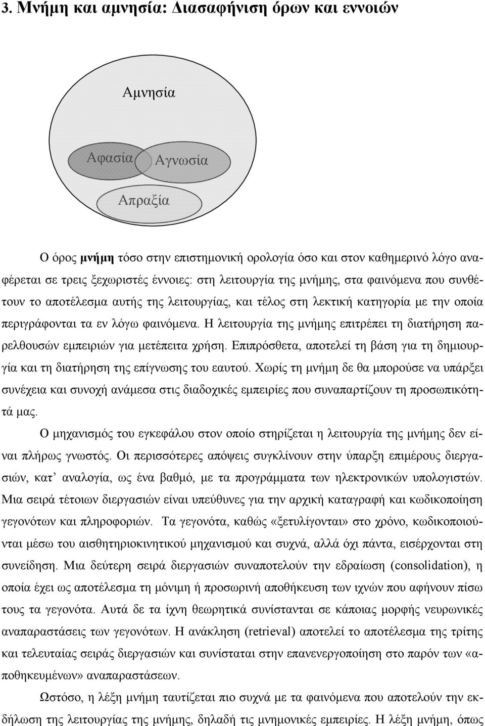 Η λειτουργία της μνήμης επιτρέπει τη διατήρηση παρελθουσών εμπειριών για μετέπειτα χρήση. Επιπρόσθετα, αποτελεί τη βάση για τη δημιουργία και τη διατήρηση της επίγνωσης του εαυτού.