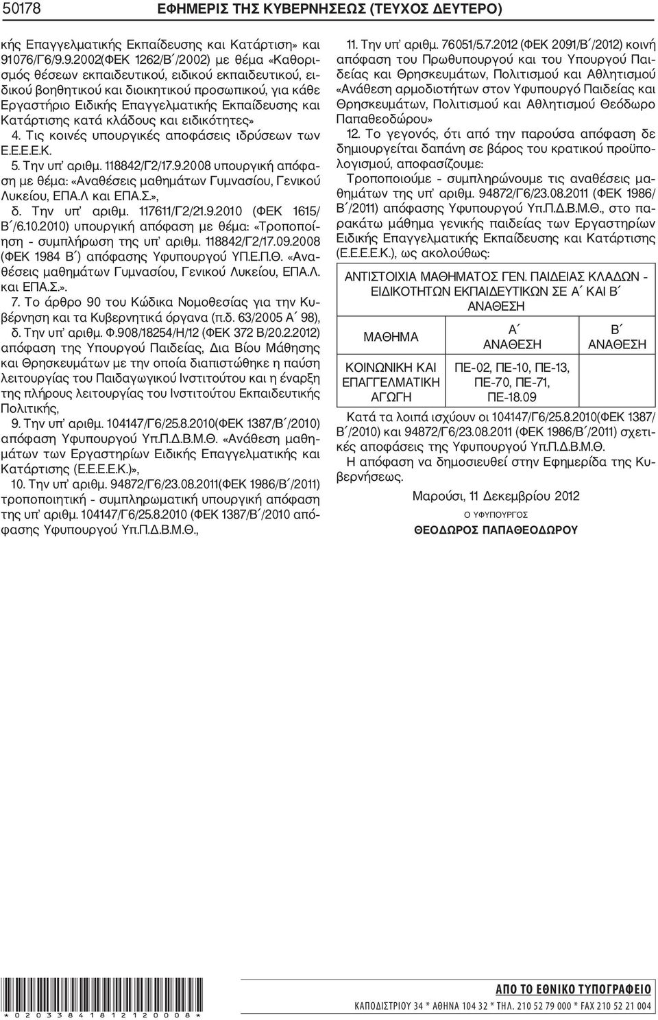 9.2002(ΦΕΚ 1262/Β /2002) με θέμα «Καθορι σμός θέσεων εκπαιδευτικού, ειδικού εκπαιδευτικού, ει δικού βοηθητικού και διοικητικού προσωπικού, για κάθε Εργαστήριο Ειδικής Επαγγελματικής Εκπαίδευσης και